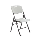 Front view of the TC Morph Folding Chair in white, showcasing its sleek design and foldable structure.