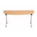 Back view of TC One Union D-End folding table in beech wood finish with sturdy metal frame.