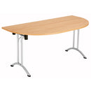 Back view of TC One Union D-End Folding Table in beech finish, showcasing its compact, foldable design and sturdy construction.
