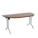 Walnut One Union D-End Folding Table by TC, showcasing its sturdy wooden surface and compact folded design for versatile use