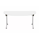 White One Union D-End Folding Table by TC, showing the sturdy metal frame and smooth tabletop surface.