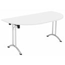 White One Union D-End folding table by TC with a sturdy metal frame and smooth surface, ideal for versatile use in various settings.