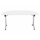 White TC One Union D-End folding table with sturdy metal legs, ideal for versatile event or workspace setup.