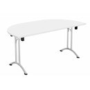 White One Union D-End Folding Table by TC shown set up with a smooth surface and sturdy metal legs.