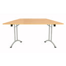 Foldable trapezoidal table by TC with beech finish, showcasing its sturdy design and compact folding feature.