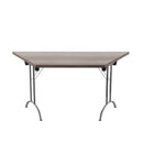 Grey oak TC One Union trapezoidal folding table with sturdy metal legs, ideal for versatile indoor and outdoor use.