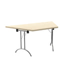 Maple-colored One Union trapezoidal folding table by TC, showing its sturdy surface and folding legs for easy storage.