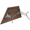 Walnut-colored TC One Union trapezoidal folding table with sturdy metal legs and smooth surface, perfect for versatile use.