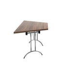 Walnut One Union Trapezoidal Folding Table by TC, showing its sturdy surface and folding legs for easy storage.