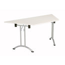 White TC One Union Trapezoidal Folding Table set up on a flat surface, showcasing its sturdy design and folding legs.