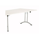 White TC One Union trapezoidal folding table set up on a flat surface, showcasing its durable, portable design.