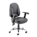 TC Puma office chair with black mesh backrest and cushioned seat, adjustable armrests, and five-wheel swivel base.