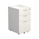 Front view of TC white 3-drawer under desk pedestal with sleek design and silver handles, suitable for office storage.