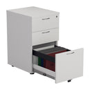 White TC 3-drawer under desk pedestal with open front drawers and file storage, designed for office organization.