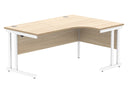 Front view of TC Core Twin Upright Radial Desk in Canadian Oak with white finish, showcasing the desk's radial design and clean lines.