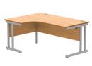 Front view of TC Core Twin Upright Radial Desk in Norwegian Beech finish, showcasing the desk's wood grain and modern design.