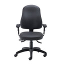 Front view of TC Calypso 2 Deluxe Operator Chair with black PU upholstery and adjustable armrests.
