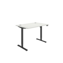 Front view of TC Core single motor sit-stand desk in Arctic White with black accents, showing clean modern design and adjustable height.