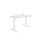 Front view of the TC Core single motor sit-stand desk in Arctic White, showcasing its sleek design and adjustable height features.