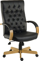 Teknik Warwick Noir bonded leather traditional button back office chair with matching light oak armrests and base.