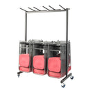 Titan folding chair trolley holding up to 140 chairs, with a sturdy metal frame and wheels for easy transport.