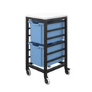 Titan storage unit with two large trays in blue, featuring a sturdy metal frame and easy-access front view.