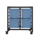 Titan storage unit with four large trays in blue, featuring sturdy construction and easy access for organized storage.