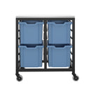 Titan storage unit with four large trays, blue metal organizer for tools or supplies, front view showing trays and sturdy frame.