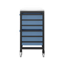 Titan storage unit with four large trays in blue, showing side view of sturdy metal construction and spacious tray compartments.