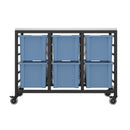 Titan storage unit with six large trays in blue, featuring a sturdy metal frame and spacious compartments for organization.
