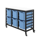 Titan storage unit with six large trays in blue, featuring a front view showing sturdy construction and spacious tray compartments.