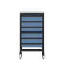 Titan storage unit with six large trays in blue, featuring a side view showing sturdy construction and spacious tray compartments.