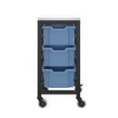 Blue Titan storage unit with three medium trays, featuring a front view of the T-STOR-3D model for organized storage.