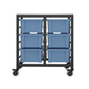 Blue Titan storage unit with six medium trays, showcasing organized plastic storage drawers for versatile workspace or garage use.