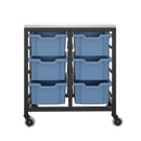 Titan storage unit with six medium trays, blue plastic organizer with front view showing tray compartments.