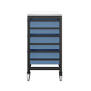 Blue Titan storage unit with six medium trays, side view showing sturdy metal frame and organized tray compartments.