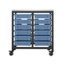 Titan storage unit with 12 small trays in blue, featuring a sturdy frame and multiple compartments for organized storage.