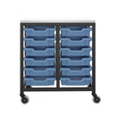 Titan storage unit with 12 small trays in blue, featuring a front view showing the organized tray compartments.