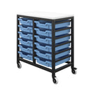 Titan storage unit with 12 small trays, featuring a blue front and multiple compartments for organized storage.