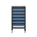 Titan storage unit with 12 small trays, blue plastic organizer with side view showing multiple trays and sturdy structure.