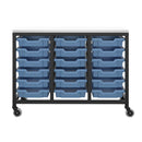 Blue Titan storage unit with 18 small trays, featuring a front view of the multi-tray organizational system.