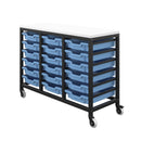 Blue Titan storage unit with 18 small trays, featuring a front view of the organized trays and sturdy construction.