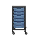 Titan storage unit with six small trays in blue, featuring a front view showcasing the organized tray compartments.