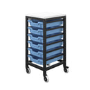 Blue Titan storage unit with six small trays, compact and organized for efficient storage and easy access.