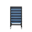 Blue Titan storage unit with six small trays, side view showing organized compartments for efficient storage.