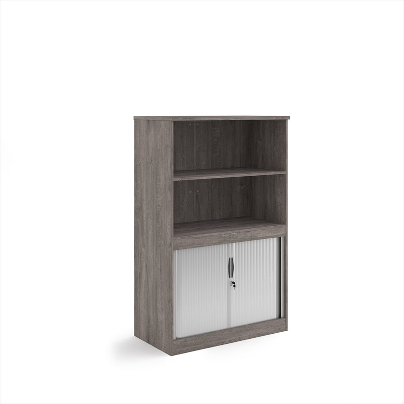 Systems Combination Unit With Tambour Doors And Open Top - Grey Oak