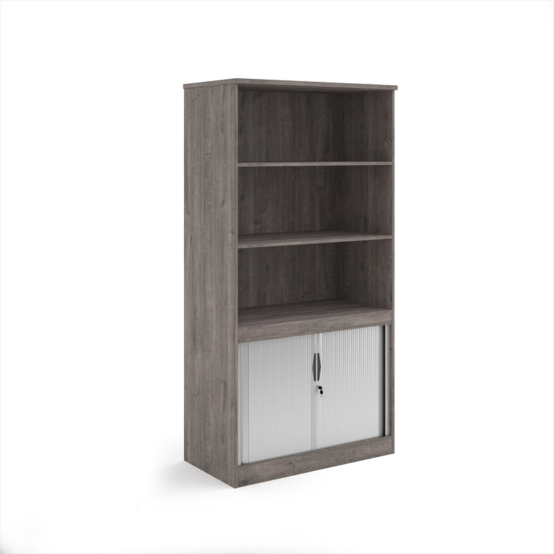 Systems Combination Unit With Tambour Doors And Open Top - Grey Oak
