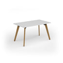White Unity dining table with solid oak legs by Dams, featuring a sleek tabletop and sturdy wooden support.
