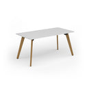 White Unity dining table with solid oak legs by Dams, showcasing a sleek, modern design with smooth surface and sturdy wood legs.
