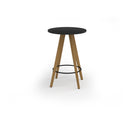 Dams Unity circular poseur table with solid oak legs, showcasing a sleek round tabletop and sturdy wooden base.